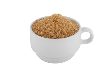 Brown sugar in white cup isolated on white background