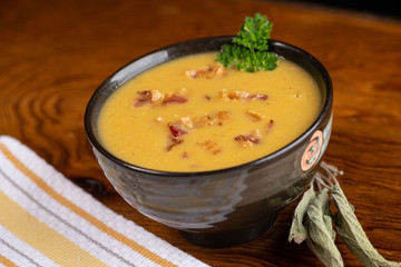 Delicious butternut squash soup with bacon bits