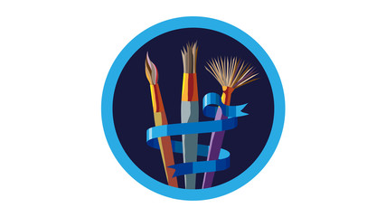 Logo of artistic brushes in blue circle frame and decorative helix tape, pattern sign