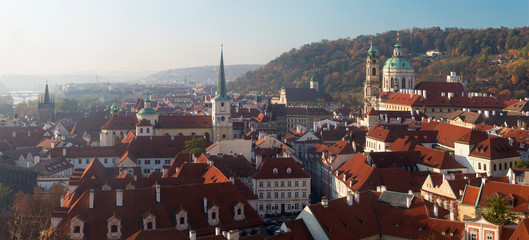 Prague - The panorama of Mala Strana, St. Nicholas, and St. Thomas church.