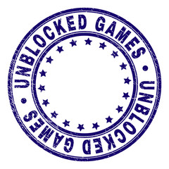 UNBLOCKED GAMES stamp seal imprint with distress texture. Designed with circles and stars. Blue vector rubber print of UNBLOCKED GAMES caption with corroded texture.