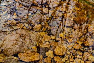 Reflections on the surface of a river with stones