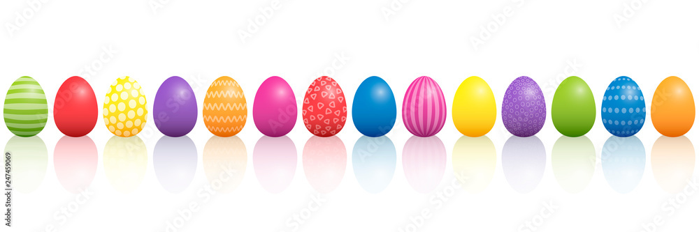 Poster easter eggs. lined up colorful mixture with different patterns. three-dimensional isolated vector il