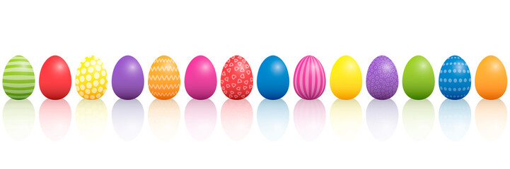 Easter eggs. Lined up colorful mixture with different patterns. Three-dimensional isolated vector illustration on white background.

