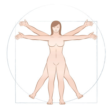 Vitruvian woman. Sacred geometry in graphic art and anatomical proportions represented by a female naked body illustration. Isolated vector on white background.
