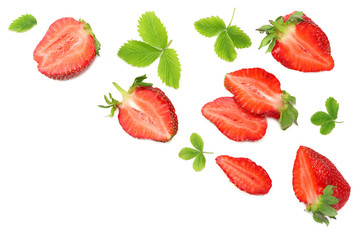 Strawberry with green leaf and slices isolated on white background. Healthy food. top view