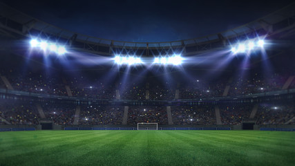 grand football stadium illuminated by spotlights and empty green grass playground, football stadium sport theme digital 3D background advertisement illustration my own design
