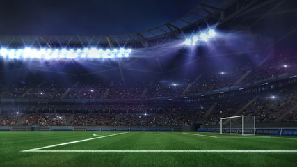 grand football stadium illuminated by spotlights and empty green grass field, football stadium sport theme digital 3D background advertisement illustration my own design © LeArchitecto