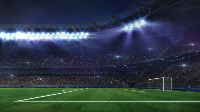 grand football stadium illuminated by spotlights and empty green grass field, football stadium sport theme digital 3D background advertisement illustration my own design