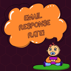 Text sign showing Email Response Rate. Conceptual photo percentage showing saw something then completed action Baby Sitting on Rug with Pacifier Book and Blank Color Cloud Speech Bubble