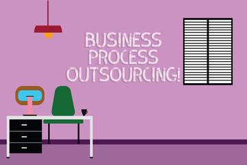 Text sign showing Business Process Outsourcing. Conceptual photo Contracting work to external service provider Work Space Minimalist Interior Computer and Study Area Inside a Room photo