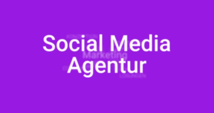 Intro welches die Leistungen einer Social Media Agentur zeigt (z.B. Analyse, Performance, Wettbewerb, Strategie). Lila Hintergrund, wei&szlig;er Text