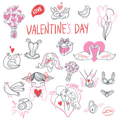 Collection of hand drawn Valentine day doodle. Perfect for invitation cards and page decoration. illustration.