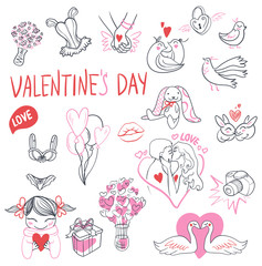 Collection of hand drawn Valentine day doodle. Perfect for invitation cards and page decoration. illustration.