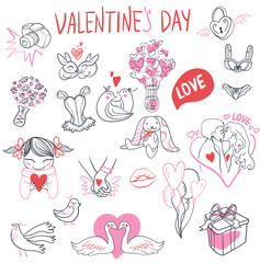 Collection of hand drawn Valentine day doodle. Perfect for invitation cards and page decoration. illustration.