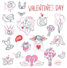 Collection of hand drawn Valentine day doodle. Perfect for invitation cards and page decoration. illustration.