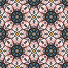 Modèle sans couture abstrait avec fleur de mandala. Mosaïque, carrelage. Fond floral. Illustration vectorielle.