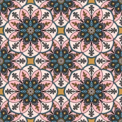 Crédence de cuisine en plexiglas Tuiles marocaines Modèle sans couture abstrait avec fleur de mandala. Mosaïque, carrelage. Fond floral. Illustration vectorielle.