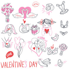 Collection of hand drawn Valentine day doodle. Perfect for invitation cards and page decoration. illustration.