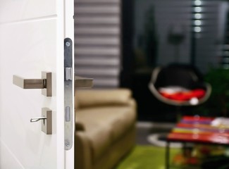 A view into modern living room through opened white door with metallic handle.