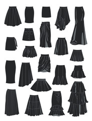 Set of silhouettes of women's skirts, a lot of different models, isolated on white background 
