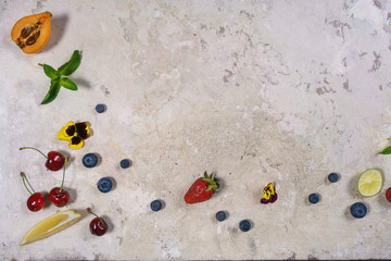 Fresh healthy ingredients for breakfast or smoothie on wight background - Healthy food, Diet, Detox, Clean Eating or Vegetarian concept.