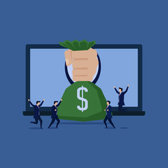 Businessman hand give reward online from laptop happy man.