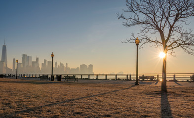 Silent morning at Liberty State Park, featuring New York and New Jersey skyline on the background...