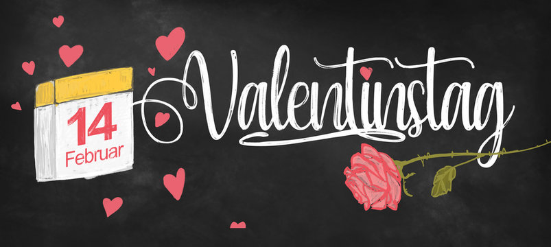 Valentinstag -Handgeschriebener Text mit Kreide auf einer Tafel mit Kalender und einer Rose und Herzchen - Copy space