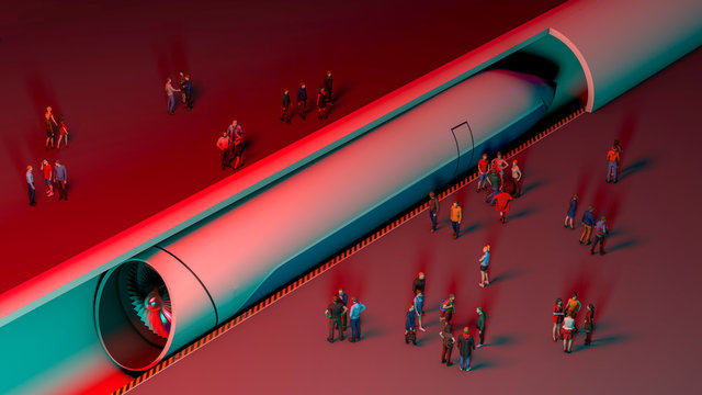 Train station and Hyperloop. Passengers waiting for the train. Futuristic technology for high-speed transport of goods and passengers in low-pressure pipes. 3d rendering