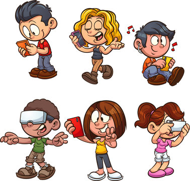 Cartoon kids using smartphones clip art. Vector illustration with simple gradients. Each on a separate layer. 