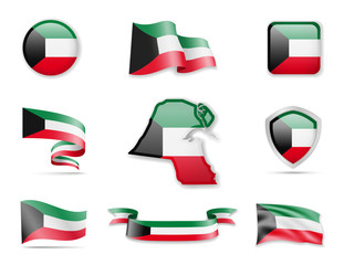 Kuwait flags collection. Vector illustration set flags and outline of the country.