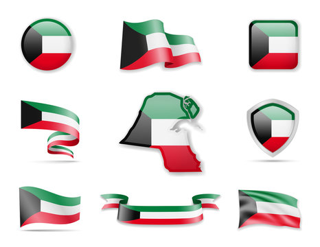 Kuwait flags collection. Vector illustration set flags and outline of the country.