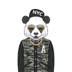 Panda bear hipster dressed up in modern urban swag outfits like bomber jacket, golden chain, cap and sunglasses. Furry art illustration, fashion animals