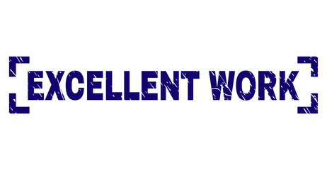 EXCELLENT WORK text seal print with distress texture. Text caption is placed between corners. Blue vector rubber print of EXCELLENT WORK with dirty texture.