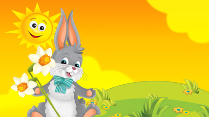 cartoon happy easter rabbit with beautiful flowers on nature spring background - illustration for children