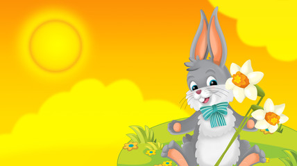 cartoon happy easter rabbit with beautiful flowers on nature spring background - illustration for children