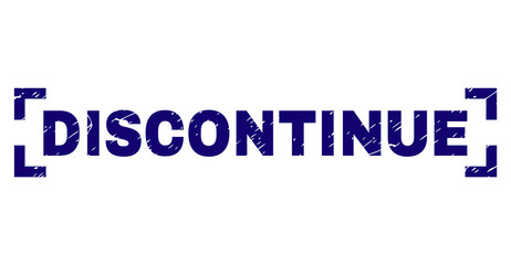 DISCONTINUE text seal stamp with distress texture. Text title is placed inside corners. Blue vector rubber print of DISCONTINUE with dirty texture.