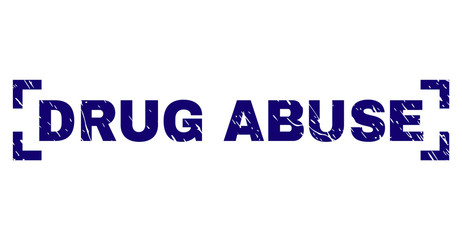 DRUG ABUSE text seal stamp with distress texture. Text title is placed inside corners. Blue vector rubber print of DRUG ABUSE with scratched texture.