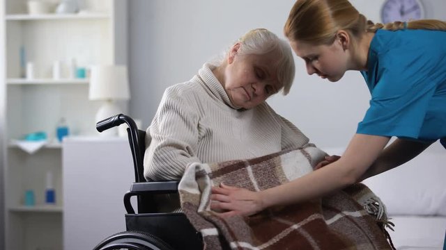 Young nurse covering with pled old woman sleeping in wheelchair, taking care