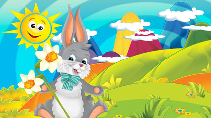 Fototapeta na wymiar cartoon happy easter rabbit with beautiful flowers on nature spring background - illustration for children
