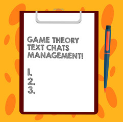 Writing note showing Game Theory Social Media Management. Business photo showcasing Gaming innovation marketing strategies Sheet of Bond Paper on Clipboard with Ballpoint Pen Text Space