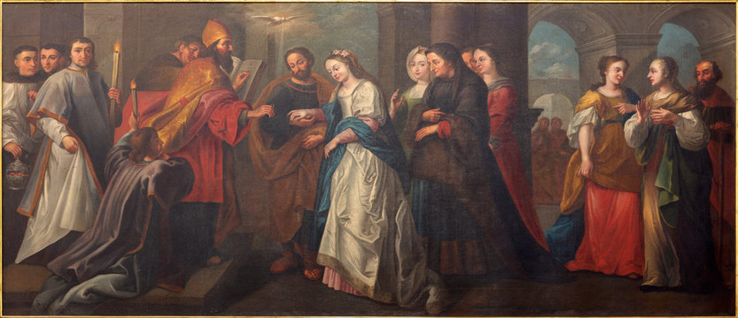 PRAGUE, CZECH REPUBLIC - OCTOBER 16, 2018: The painting of Wedding of Virgin Mary and St. Joseph in church kostel Svatého Havla by unknown baroque artist.