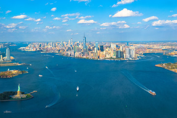Beautiful aerial view of Lower Manhattan from the helicopter ride - New York, USA - obrazy, fototapety, plakaty
