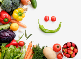 Organic fresh vegetables and fruits frame on white background, top view, copy space