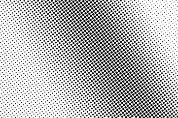 Black and white halftone vector. Diagonal dotted gradient. Frequent dotwork texture. Retro overlay