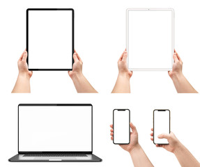 Laptop isolated on white and woman holding smartphones and tablet with blank screen.  Template, mockup.