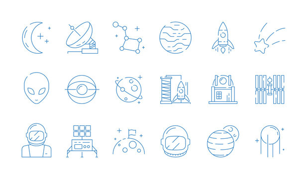 Space line icon. Moon astronomy station rocket astronaut alien stars vector thin symbols. Illustration of rocket space, planet and moon, telescope and spaceship