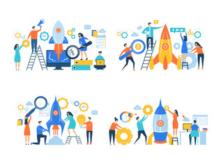 Obraz na płótnie Canvas Startup business characters. Rocket launch success people making work freedom career managers office vector business concept. Illustration of project startup and teamwork progress