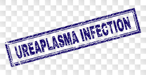 UREAPLASMA INFECTION stamp seal print with rubber print style and double framed rectangle shape. Stamp is placed on a transparent background.